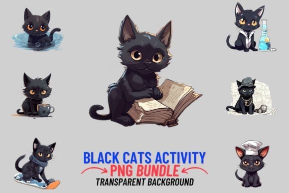 Baby Black Cats During Activities: 12 PNGs for Creative Fun