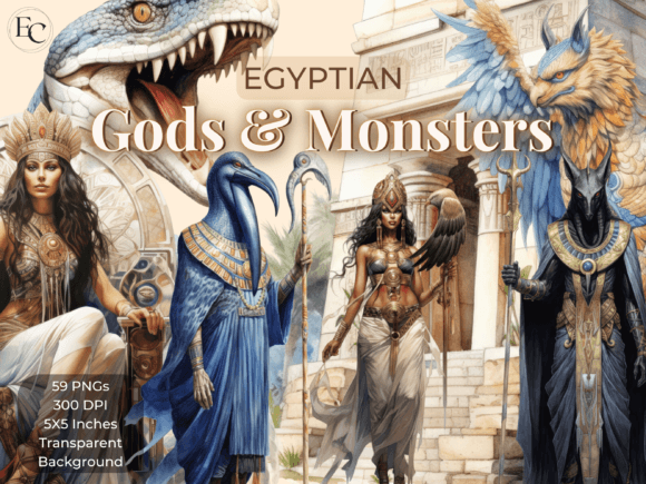 Egyptian Gods & Monsters Clip Art Bundle: Watercolor Deities