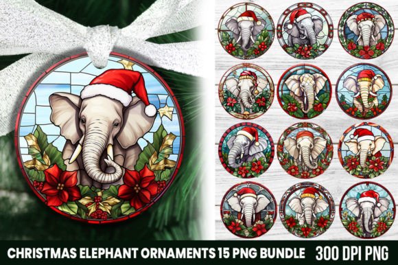 Stained Glass with Christmas Elephant: A Festive Design Asset