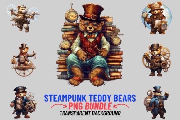 Steampunk Teddy Bears 12 PNG Sublimation: Retro-Futuristic Design Assets