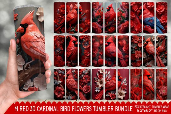 The 11 Red 3D Cardinal Bird Flowers Tumbler: A Bold Design Asset